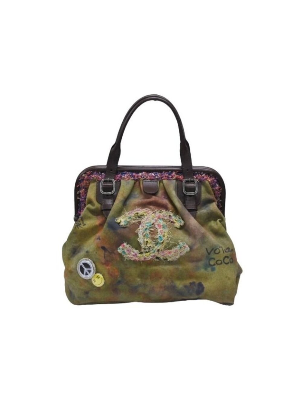 Chanel Embroidery Graffiti Kiss Lock Handbag Khaki Antique Silver
